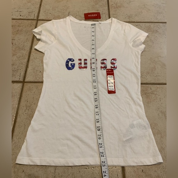 GUESS "JULY" Sequin Tee - Red, White & Blue Rhinestone Logo - Women's XS - Picture 6 of 6